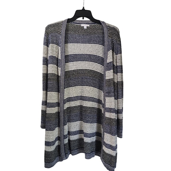 Westport Sweaters - Westport Woman 1X Open Front Striped Knit Cardigan Blue Beige Long Sweater